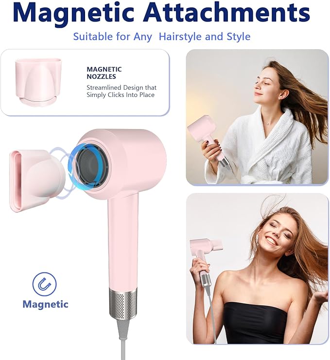 Diffuser Hair Dryers for Women Men, KIKVOOL 110000 RPM Fast Ionic Blow Dryer for Thick Hair, Protable Travel Hair Diffuser Dryer, Brushless Motor, 3 Temps/2 Speeds Lightweight Hairdryer, Pink