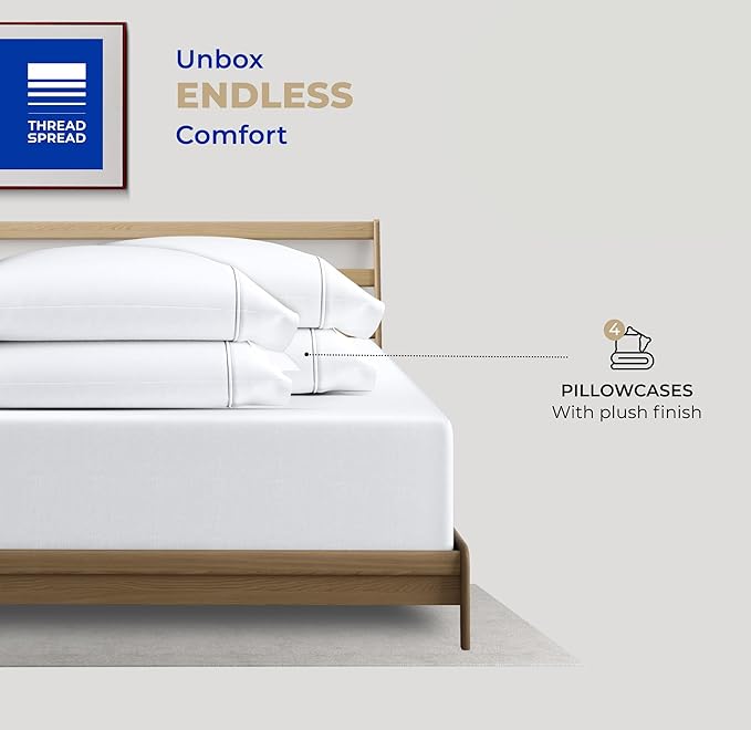 THREAD SPREAD 100% Cotton King Size Pillowcases Sets of 4-400 Thread Count Cotton Pillow Cases, Ultra Soft Cooling Sateen Weave Pillowcases, Set of 4 Pillow Covers for King Pillows - White