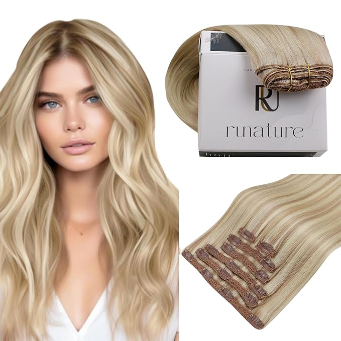 RUNATURE Blonde Clip in Hair Extensions, Real Human Hair Extensions Clip Ins for Women, Double Weft Natural Hair, 20 Inch 120g 7pcs, #18P60 Ash Blonde Highlights