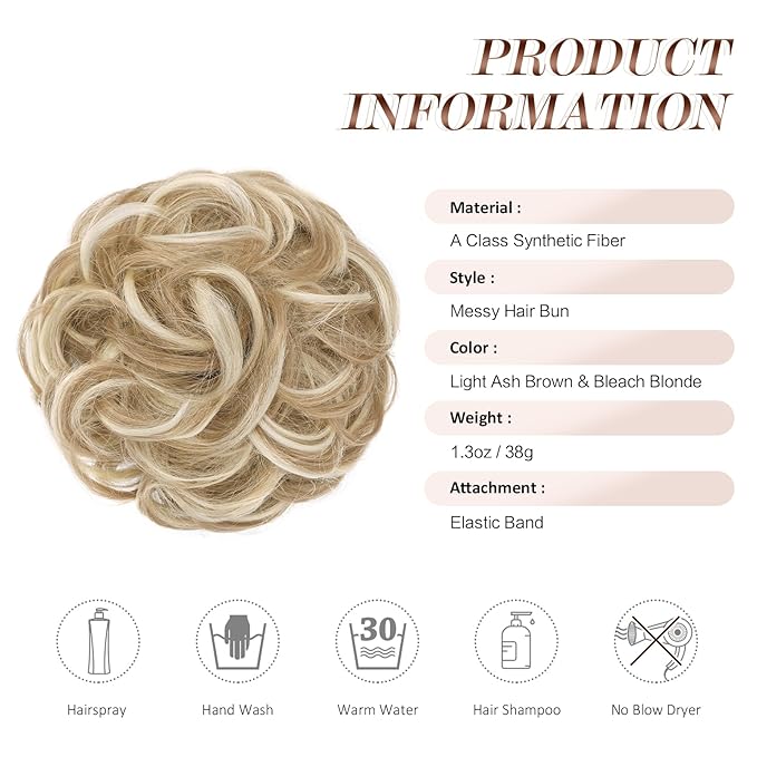 FESHFEN Messy Bun Hair Piece - Elastic Wavy Curly Hair Bun Scrunchies Extensions Synthetic Chignon Hairpieces for Women Girls, Dirty Blonde 1.5 oz