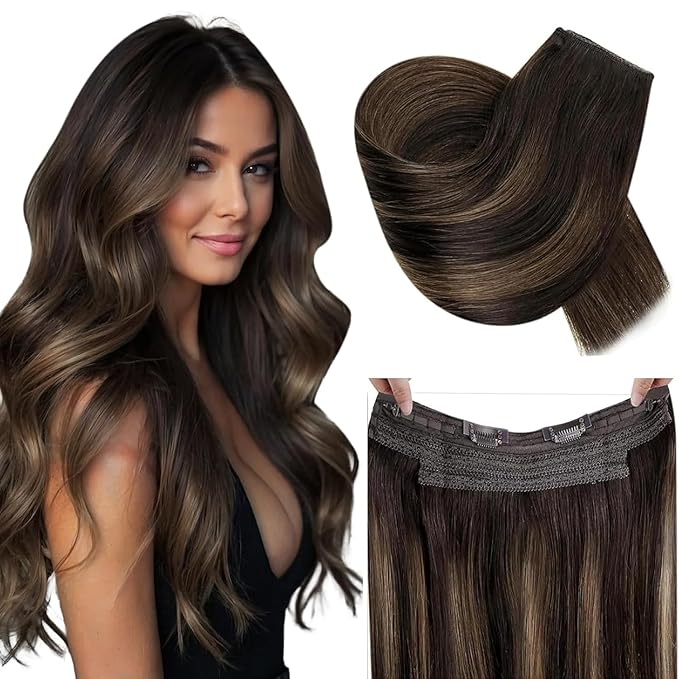 RUNATURE Wire Hair Extensions Human Hair, Invisible Fish Line Human Hair Extensions, Balayage Brown Roots Remy Hair, Real Human Hairpiece with Transparent Wire, 12 Inch 70g #2/2/6 Brown Ombre
