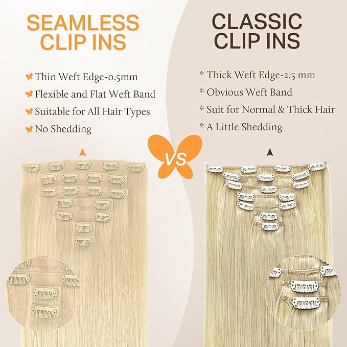 DOORES Seamless Clip-in Hair Extensions, Real Human Hair, Bleach Blonde 130g 7pcs 16 Inch, Straight, Invisi Edge
