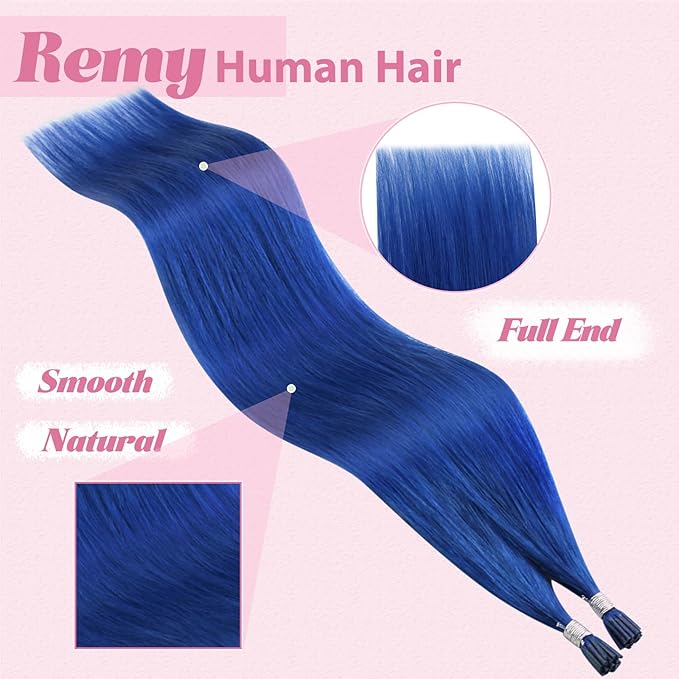 YoungSee I Tip Hair Extensions Human Hair Blue I Tips Hair Extension Blue 18 Inch Color Itips Extension Pre Bonded Remy Hair I-Tips Hair-Extensions Hold Well for Party 30s 25g