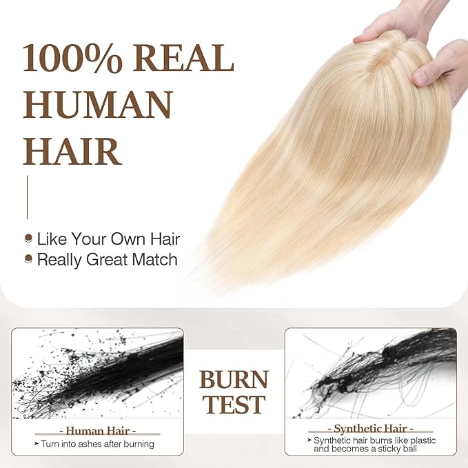 Rich Choices Hair Toppers for Women Real Human Hair 100% Human Remy Toppers NO Bangs with Thinning on Top Clip in Hairpiece 4"x4.7"Lace Base 12 Inch #18P613 Ash Blonde Highlights Bleach Blonde