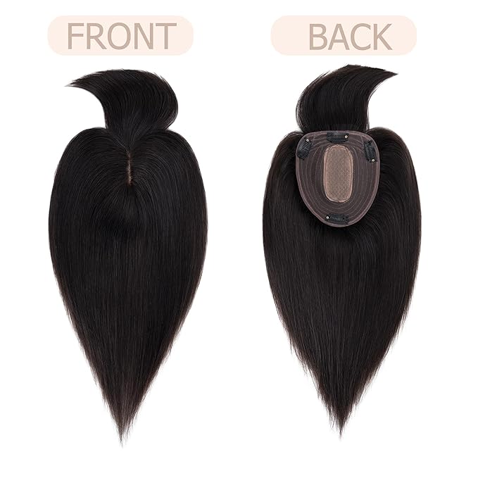 Hair Toppers for Women Real Human Hair With Bangs, 13 * 15 cm Larger Silk Base 150% Density Clip In Topper Hairpieces, Wiglet Top Pieces Add Volume -12 Inch 01B Natural Black