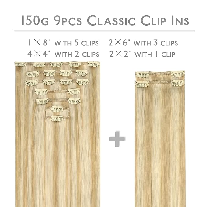 WENNALIFE Clip in Hair Extensions, 150g 16 Inch 9pcs Light Blonde Highlighted Golden Blonde Remy Hair Thicker Double Weft Extensiones De Cabello Humano Con Clip Ins Straight Full Volume