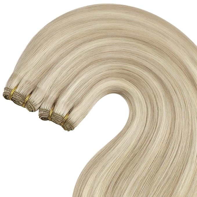 YoungSee 125G Weft Hair Extensions Blonde Highlight Sew in Hair Extensions Real Human Hair Warm Ash Blond Highlights Bleach Blonde Invisible Sew in Extensions for Women 22Inch
