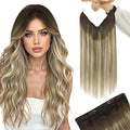 YoungSee 120G Wire Hair Extensions Ombre Invisible Wire Hair Extensions Real Human Hair Walnut Brown Headband Hair Extensions Balayage Light Brown with Blonde Remy Hair 16Inch