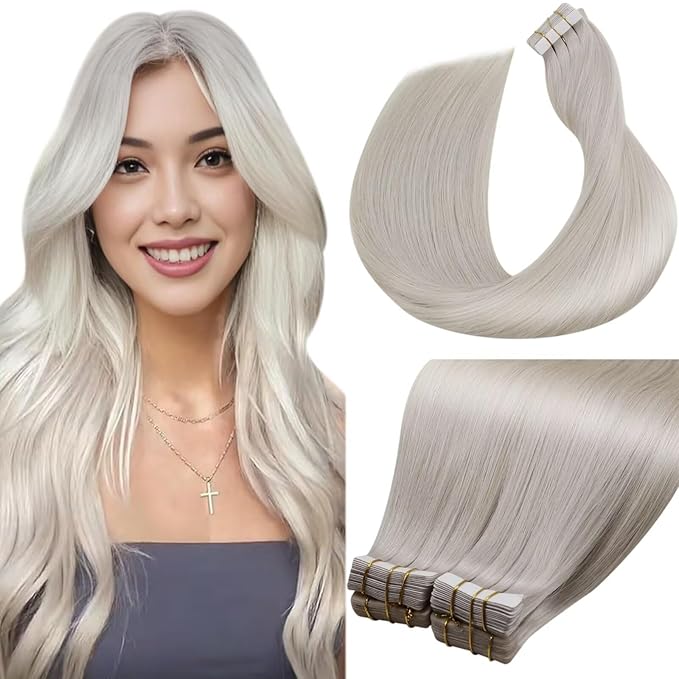LaaVoo Tape in Hair Extensions Human Hair Platinum Blonde Hair Extensions Tape in Real Hair Tape on Extension Soft Straight Hair 100g 40pcs 20inch