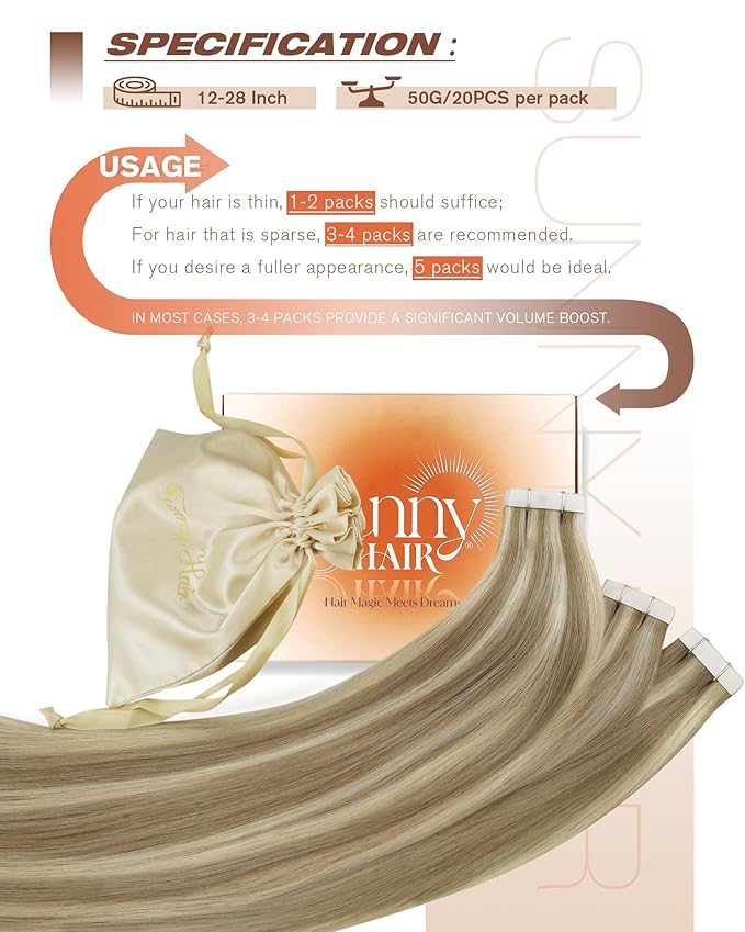 Sunny Hair Tape in Hair Extensions Real Human Hair Invisible Remy Hair Extensions Tape ins for Women Lightest Brown Highlight Platinum Blonde 20 inch 20Pcs 50G