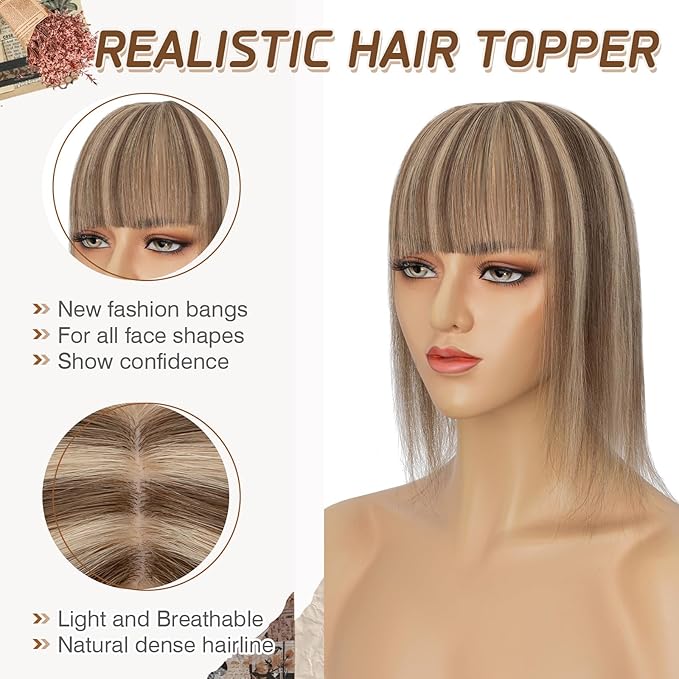Rich Choices Real Human Hair Toppers for Women With Bang 100% Remy Human Hair Topper for Thinning Hair Clip in Silk Base Hair Topper 14 Inch #4P27 Medium Brown Mix Dark Blonde