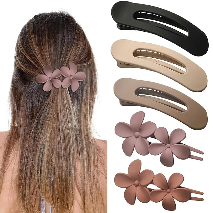 5 PCS Flat Hair Clips, Medium Lay Flat Claw Clips for Women Girls, 2 Styles Stylish Matte Non-slip Hair Claws for Thick Thin Hair(Pink&Purple)