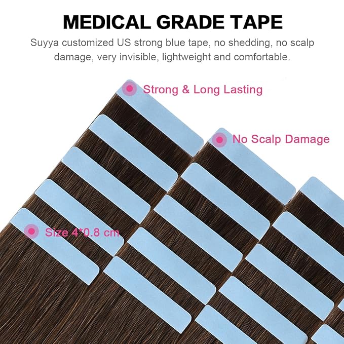 SUYYA Tape in Hair Extensions Human Hair chocolate brown 100% Remy Human Hair 50g/pack 20pcs Straight Seamless Skin Weft Tape Hair Extensions(22 inches #4 Dark Brown)