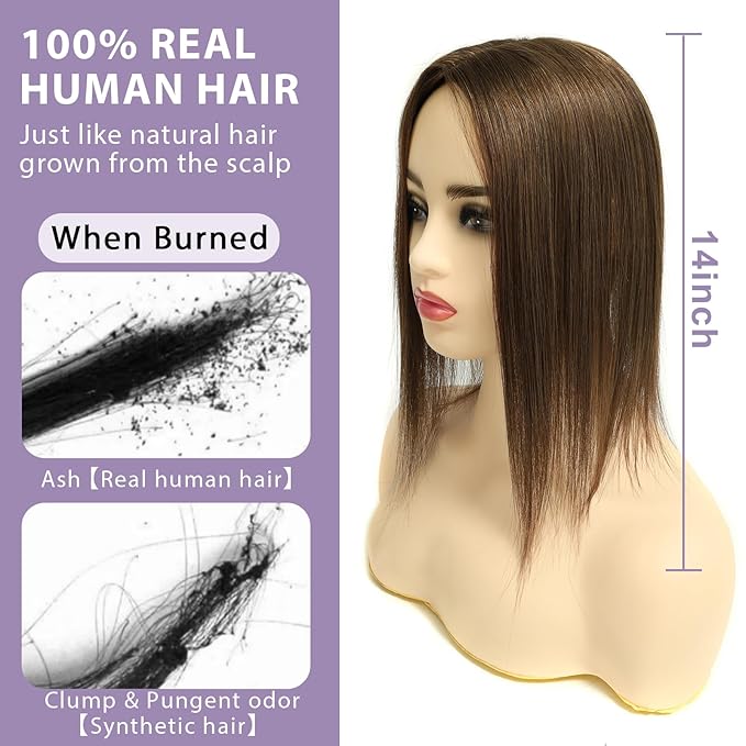 3x5 Inch Injected Silk Base Hair Toppers for Women, 14 Inch Length 130% Density Real Human Hair Pieces #2A Brown