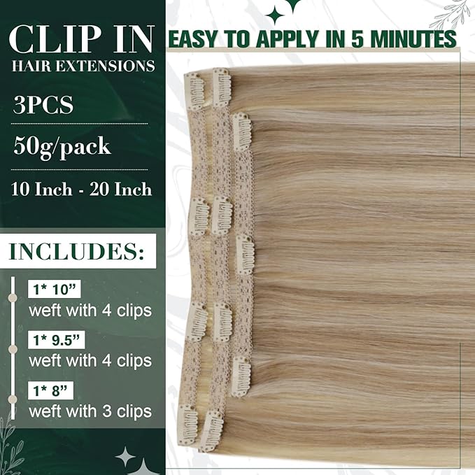 RUNATURE Clip in Hair Extensions Real Human Hair, Natural Hair Extensions Clip Ins, Remy Human Hair for Women Double Weft 16 Inch 50g 3pcs #16P22 Dark Ash Blonde Highlight Light Blonde