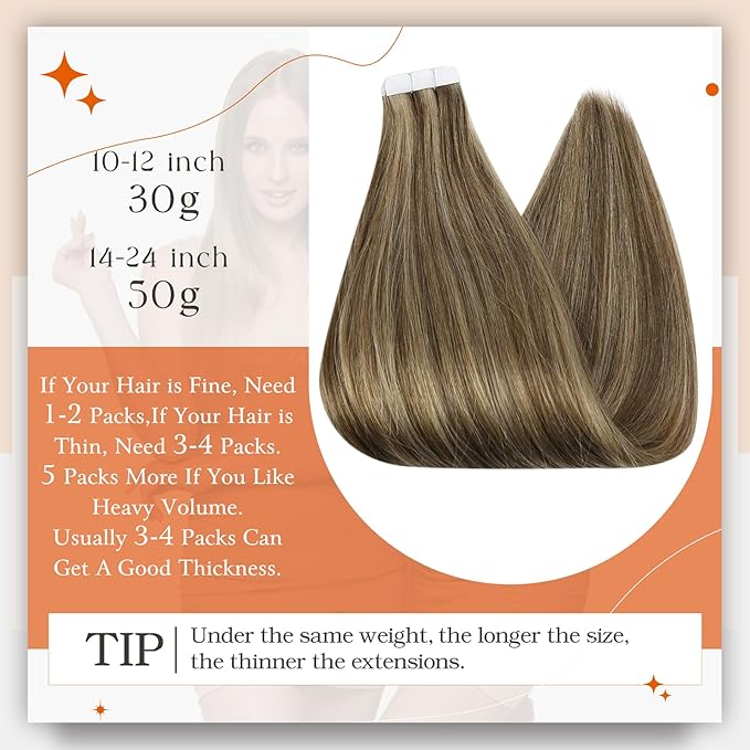 Full Shine Hair Extensions Real Human Hair Color 4P27 Medium Brown And Caramel Blonde Tape in Hair Extensions Cuticles Aligned Remy Seamless Skin Weft Brazilian Straight 20Inch 100G 40Pcs