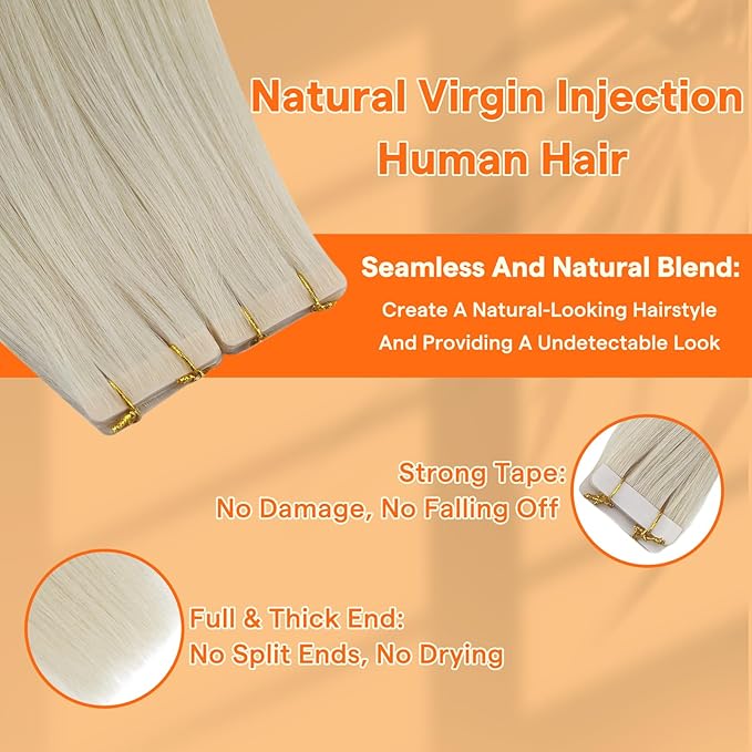 Full Shine Injected Tape in Hair Extensions Color 1000 Blonde Machine Virgin Human Hair Tape in Extensions 20Grams Seamless Skin Weft Hair Extensions 14Inch 10Pcs Extensions Tape ins