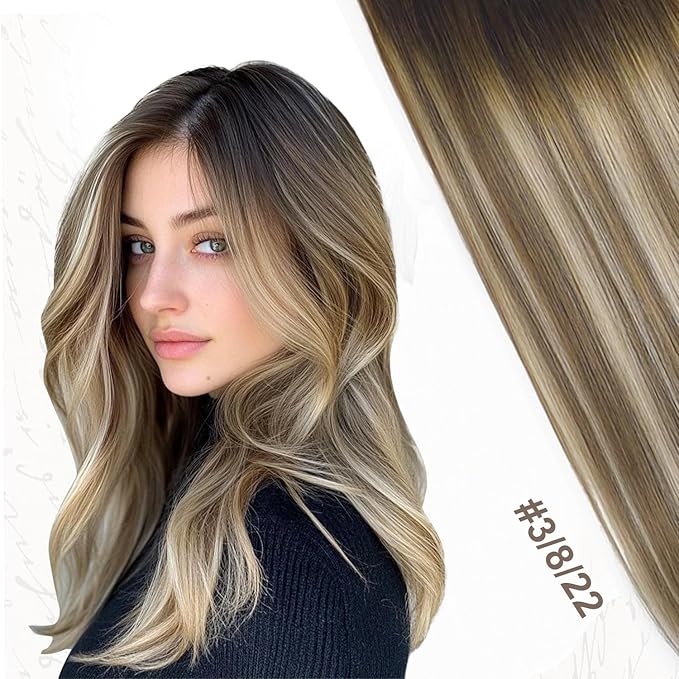XDhair Human Hair Clip in Extensions 100g 6pcs 16 Inch Balayage Ombre Walnut Brown to Ash Brown and Blonde Clip in Hair Extensions Real Human Hair for Women(16”, 3/8/22)