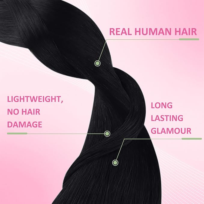 YoungSee 28 Inch Tape in Hair Extensions Human Hair Black Tape in Extensions Real Human Hair Tape-in Hair Extension Black Girl Glue in Hair Extension for Long Hair 50g 20pcs