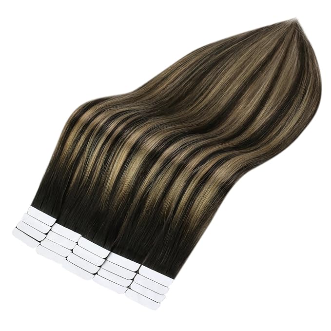 Full Shine Tape in Hair Extensions Human Hair 14 Inch Color 1B Off Black Fading to 27 Honey Blonde and 1B Tape in Real Hair Extensions 50Gram 20Pcs Adhesive Hair Extension Seamless Tape