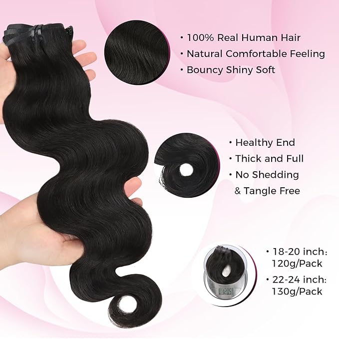Lashey Seamless Clip in Hair Extensions Human Hair 130g 7pcs Body Wave Thick Remy Human Hair Extensions 24 Inch Natural Black Clip ins with Full End