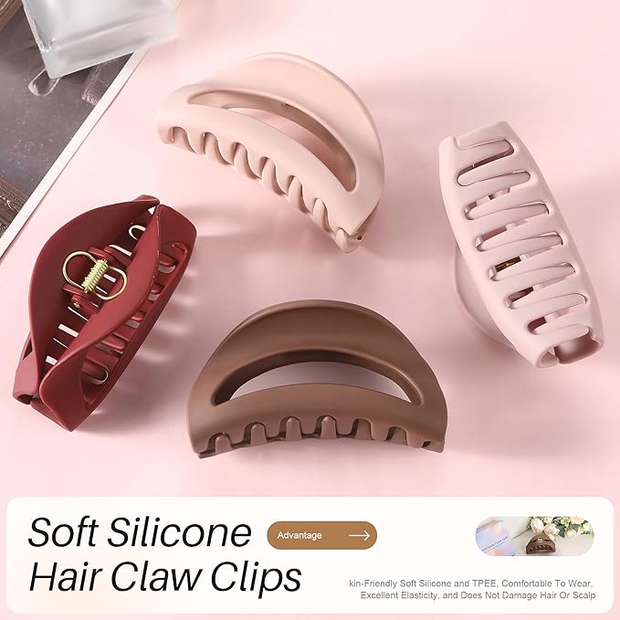 4Pcs Cloud Claw Clips for Women, 4.1" Non-Slip Strong Hold Hair Claws, Unbreakable TPEE-Silicone Blend, Large Bendable Cozy Hair Clip for Thin/Thick/Curly Hair, All-Day Comfort Matte Jaw Clip