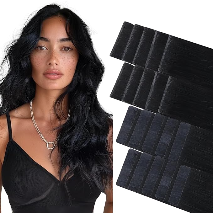 GOO GOO Invisi Edge Tape in Hair Extensions Human Hair, 1 Jet black 10pcs injected with 10pcs classical tape ins, 24inch 50g, Virgin Remy Hair, Natural Look