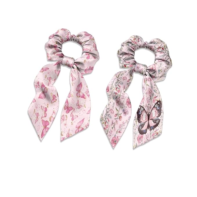 Butterfly Bow Hair Ties for Women Floral Pack of 2 Fashion Satin Hair Ties for Thin Hair Pink Aesthetic Scrunchies with Knot No Damage Ponytail Decor Band