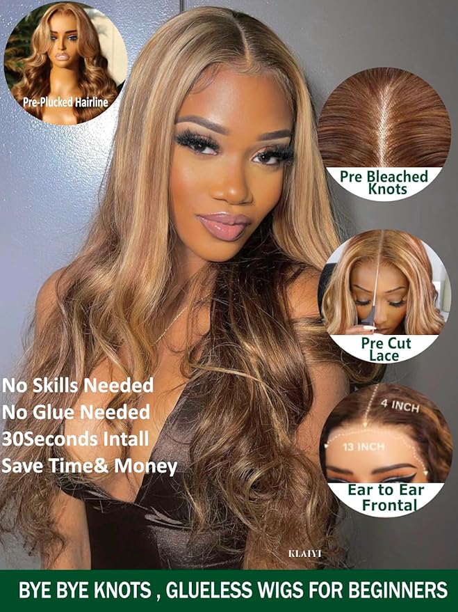 KLAIYI Wear And Go Glueless Wig Bye Bye Knots 13x4 Precut Lace Front Wigs Human Hair Ombre Highlight Blonde Body Wave Wig Pre Bleached Pre Everything Pre Plucked with Baby Hair 3S Ready to Wear 16Inch