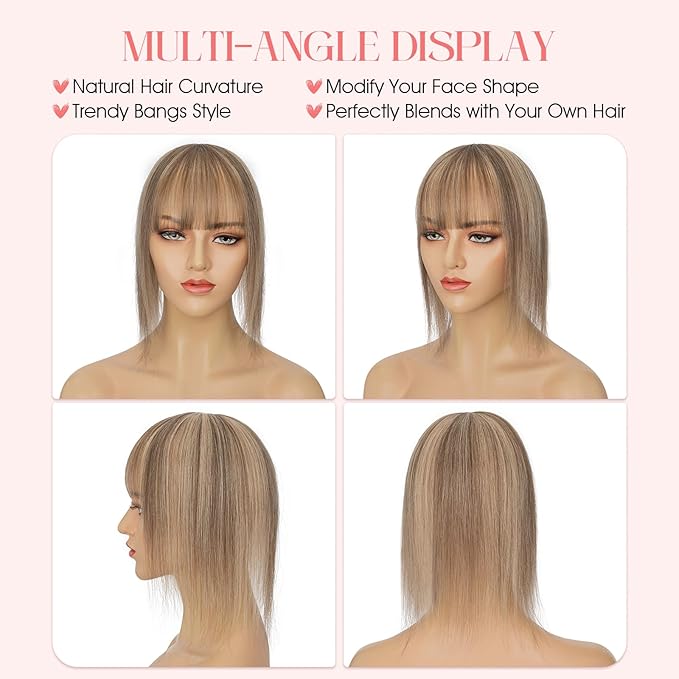 Hairro Mono Hair Toppers with Bangs, 3.4" x 3.4" Mono Base 100% Real Human Hairpieces for Women, 150% Density Clips In Topper for Greyish Thinning Hair, 12 Inch Medium Brown Mix Dark Blonde