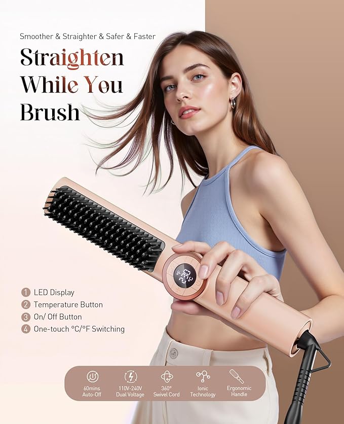 Hair Straightener Brush: Ionic Hair Straighteners for Women with 15 Temps, Straightening Brush Fast Heating with LED Display & Dual Voltage, Gold