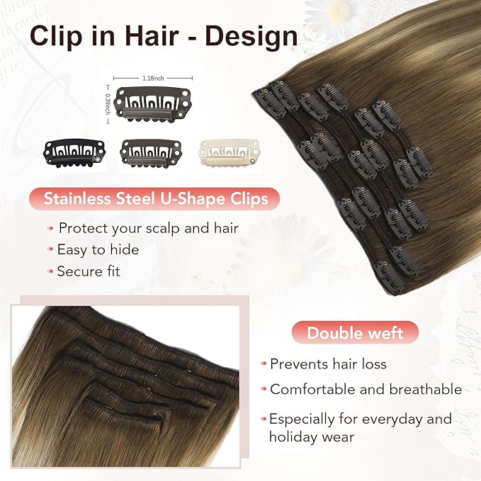 XDhair Human Hair Clip in Extensions 100g 6pcs 16 Inch Balayage Ombre Walnut Brown to Ash Brown and Blonde Clip in Hair Extensions Real Human Hair for Women(16”, 3/8/22)