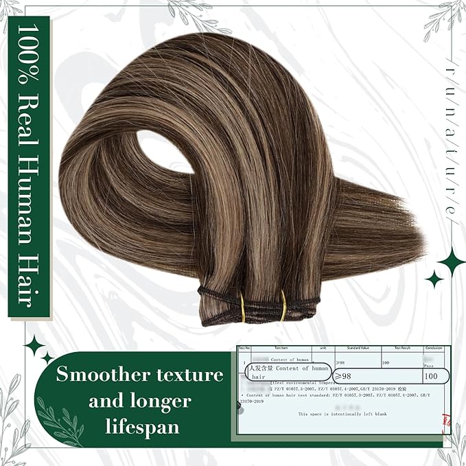 RUNATURE Clip in Hair Extensions Real Human Hair Dark Brown Highlight Soft Silky Human Hair Clip in Extensions 50g 3pcs 18 Inch #3P12 Brown Highlight Blonde