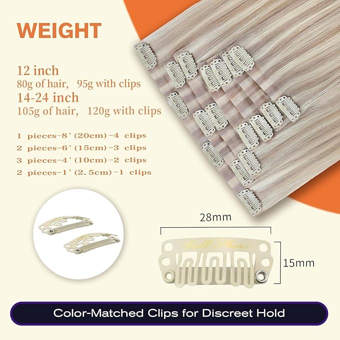 Full Shine Blonde Clip in Hair Extensions Highlights Human Hair Clip ins Ash Blonde Mix Bleach Blonde PU Clip in Hair Extensions Remy Hair 12 Inch 8 PCS 80 G