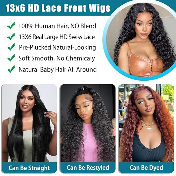 SOSATISFY 32 Inch 13X6 Deep Wave Lace Front Wigs Human Hair 200 Density Glueless Curly Human Wigs for Women 13x6 HD Transparent Lace Frontal Wigs Pre Plucked with Baby Hair Natural Color