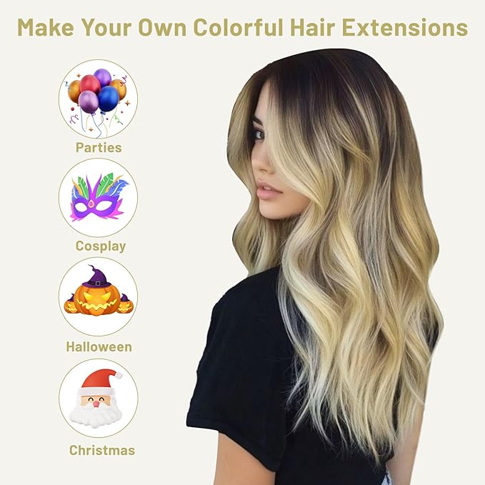 16 Pcs Colored Hair Extensions Curly Wavy Clip in Synthetic Hair Extensions,Colorful Party Highlights Hairpiece Streak for Girls Women Kids Christmas Cosplay Party Gift(Blonde)