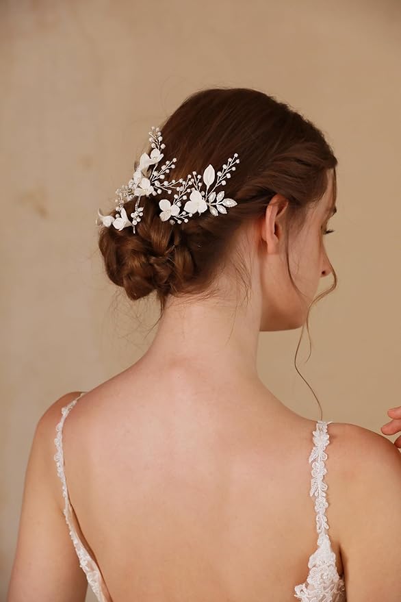Flower Bridal Hair Pins Pearl Bride Wedding Hair Pieces Leaf U Shaped Hair Accessories Headpiece for Wedding Brides Women Girls（6 PCS） (Silver/Beads White Flower)