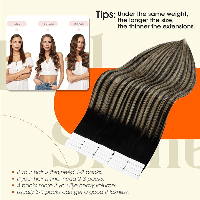Full Shine Blonde Tape in Hair Extensions Human Hair 20Inch Color 1B/27/1B Black Highlighted Honey Blonde Remy Tape in Extensions Real Human Hair 20Pcs 50G Double Sided Tape in Hair Invisible Tape ins
