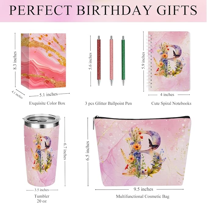 Personalized Gifts Monogrammed Birthday Gifts for Women, Cowerker Mom Boss Day Christmas Initial 20 oz Tumbler, Makeup Bag Cup Ballpoint Pens Journal Notebook 6 Set, (Aesthetic Pink Flower B)