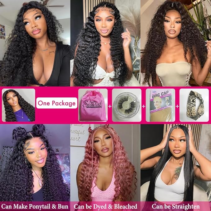 SOSATISFY Deep Wave Lace Front Wigs Human Hair 4x4 HD Transparent Lace Closure Wigs Glueless 180% Density Human Wigs for Black Women Pre Plucked with Baby Hair (24 inch)