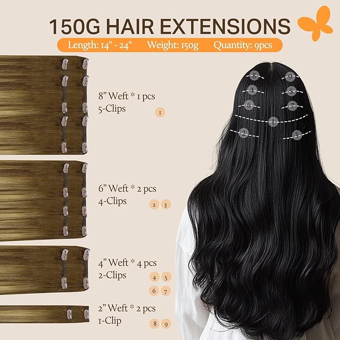 DOORES Real Human Hair Extensions - Medium Brown Highlighted Dirty Blonde, 18 Inch, 150g, 9pcs, Remy Clip in Natural Hair