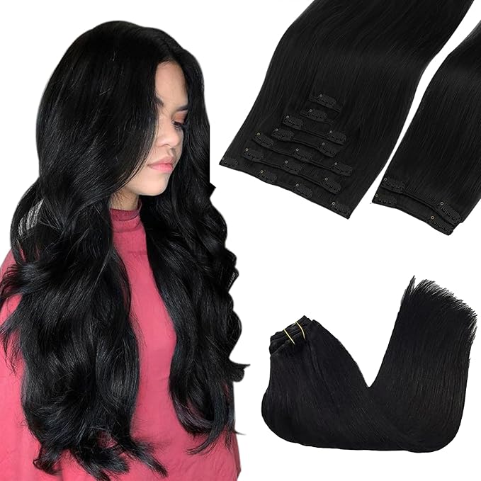 GOO GOO Clip in Hair Extensions Real Human Hair, Remy Human Hair Extensions Clip ins for Women, Natural Human Hair, 20inch 150g 9Pcs, 1 Jet black