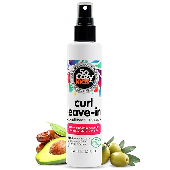 SoCozy Leave In Conditioner Spray (5.2 Fl Oz) Paraben-Free Detangler for Kids' Curly Hair, Deep Conditioner & Tangle-Free Curls, Gentle & Nourishing with Keratin, Vitamin B5, Olive Oil & Jojoba Oil
