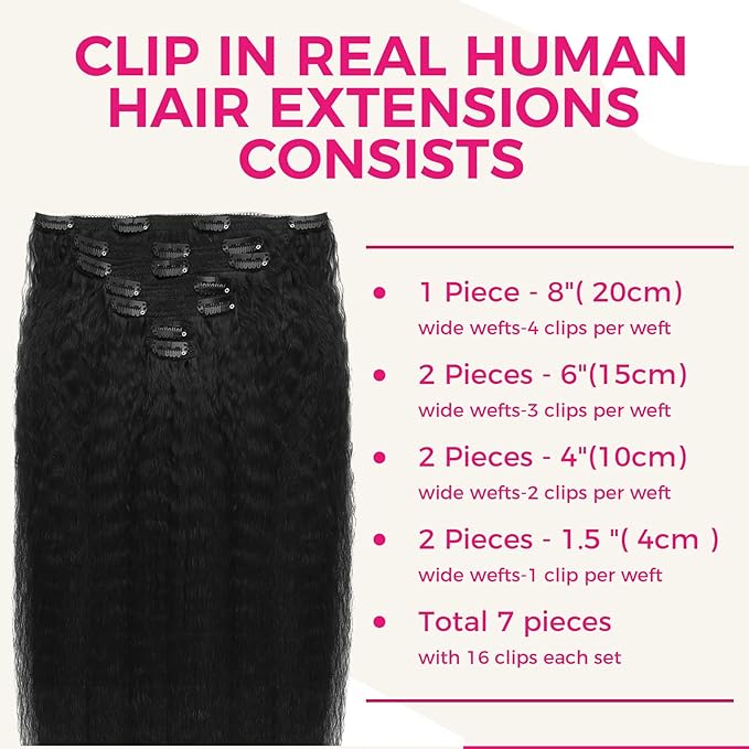 Lashey Clip in Hair Extensions Real Human Hair, Kinky Straight 14 Inch 7pcs 120g #1B Natural Black Remy Human Hair Extensions Natural Thick Clip in Hair Extensions for Black Women