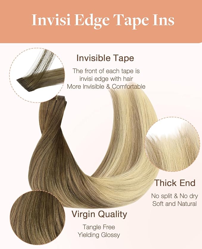 GOO GOO Invisi Edge Tape in Hair Extensions Human Hair, 3/8/613 Balayage Walnut Brown to Ash Brown and Bleach Blonde, 6pcs 18inch 15g, Virgin Remy Hair, Seamless Injected Tape, Natural Look