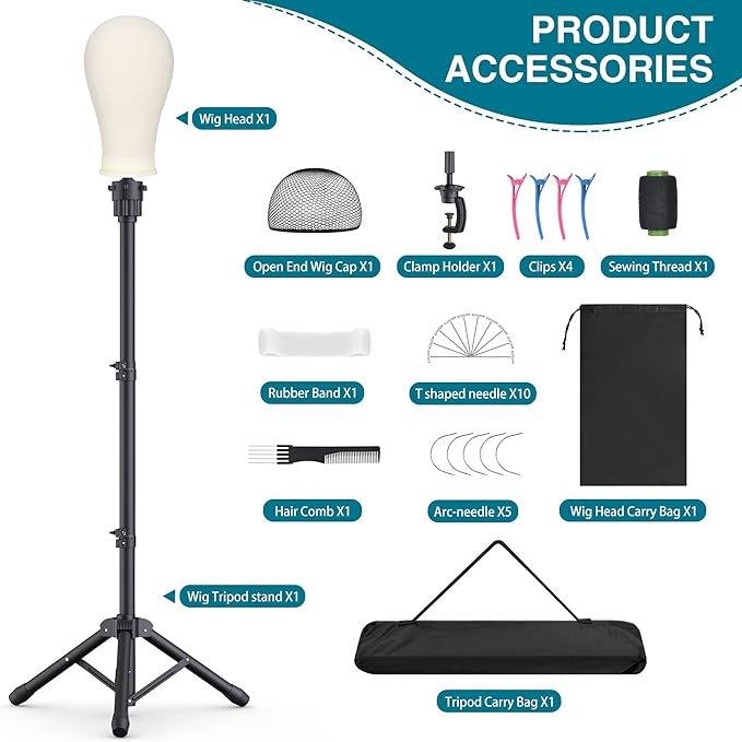 Wig Stand with Head 50 Inches, Wig Head Stand with 22 Inches Mannequin Head, Height Adjustable Metal Tripod Wig Stand, Manikin Head Set for Wigs Display Making Hair Weave and Styling