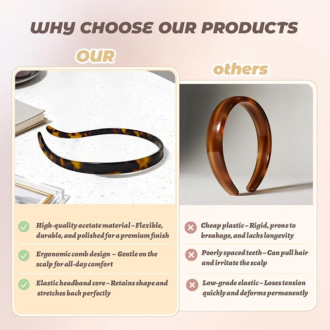 Hair Bands Eyewear-Friendly Design, Hairbands for Women - Non-Slip Thin Headbands with Teeth, No Pressure & No Headache Sunglasses Headband (Tortoiseshell)