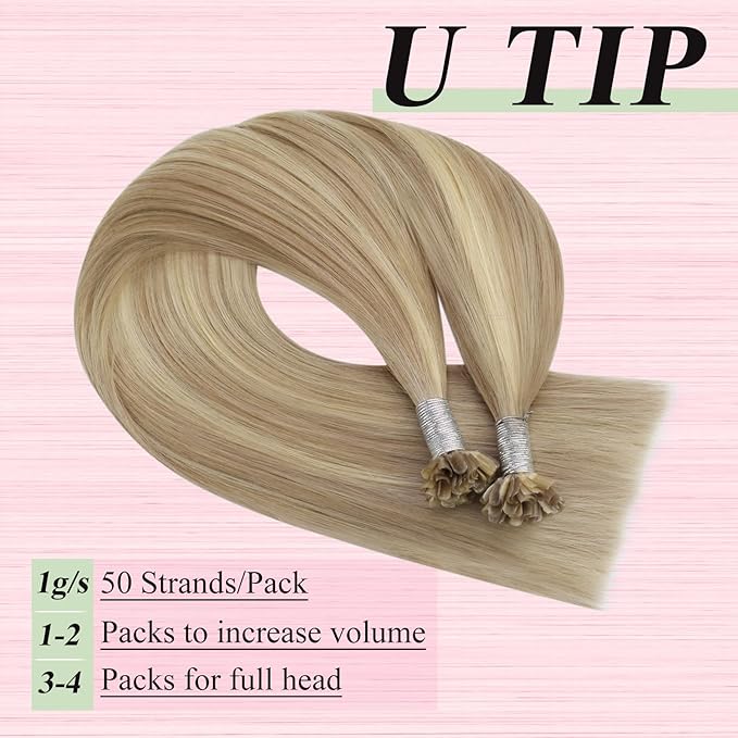 YoungSee U Tip Hair Extensions Human Hair Golden Blonde and Blond Highlight Hair Extensions Utips Hair Extension Real Human Hair Blond Ktip Hair Extension Natural Long Straight 22In 1G/S 50G
