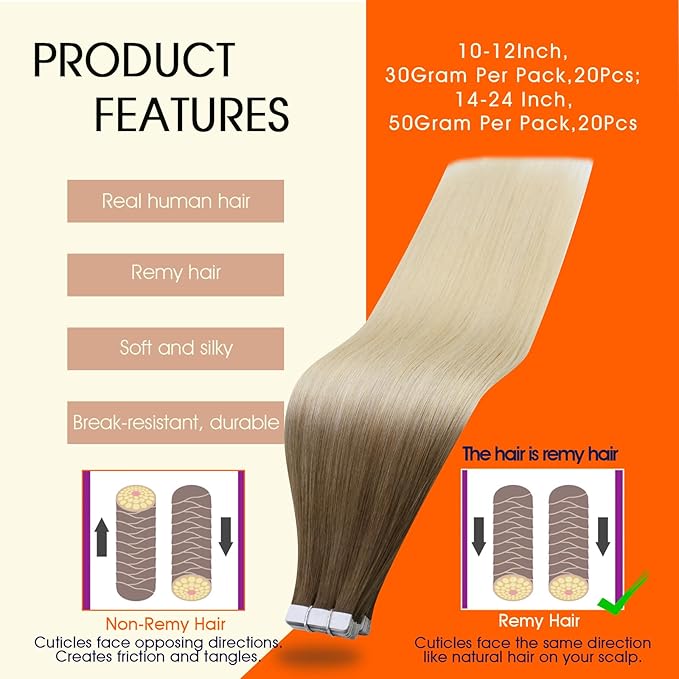 Full Shine Tape in Hair Extensions Real Human Hair Color 3/8/613 Balayage Tape ins Human Hair Extensions Remy Straight Hair Double Sided Adhesive Invisible Extension 22Inch 20Pcs 50G Soft Silky