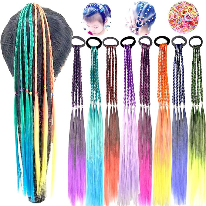 Colored Braids Hair Extensions with Rubber Bands Rainbow Braided Synthetic Hairpieces Ponytail Hair Accessories for Women Kids Girls Party Highlights Cosplay Dress Up (8PCS D Style)